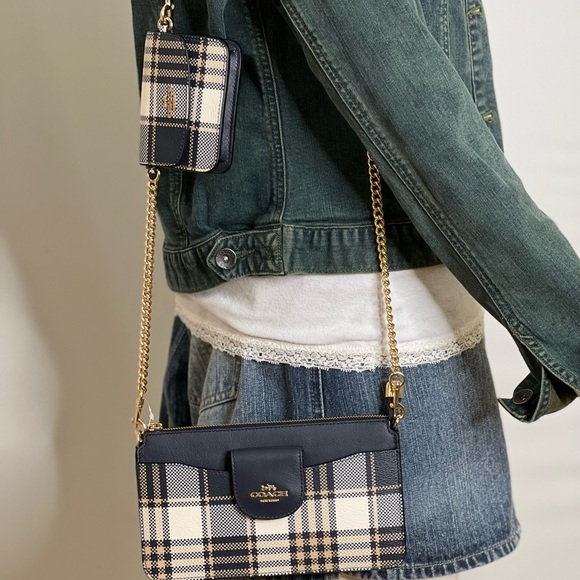 Coach Womens Crossbody Bag With Pouch Coin Bag Chain Strap Poppy Plaid Leather - Picture 4 of 15